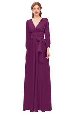 ColsBM Martha Magenta Purple Bridesmaid Dresses Floor Length Ruching Zip up V-neck Long Sleeve Glamorous