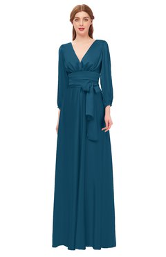 ColsBM Martha Moroccan Blue Bridesmaid Dresses Floor Length Ruching Zip up V-neck Long Sleeve Glamorous