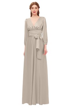 ColsBM Martha Mushroom Bridesmaid Dresses Floor Length Ruching Zip up V-neck Long Sleeve Glamorous