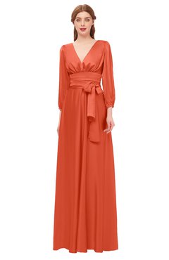 ColsBM Martha Persimmon Bridesmaid Dresses Floor Length Ruching Zip up V-neck Long Sleeve Glamorous