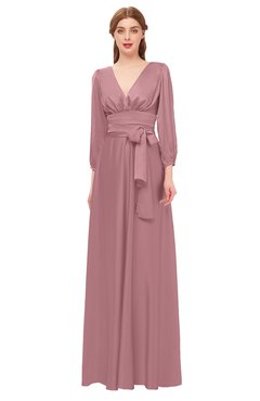 ColsBM Martha Rose Tan Bridesmaid Dresses Floor Length Ruching Zip up V-neck Long Sleeve Glamorous