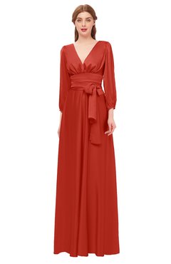ColsBM Martha Rust Bridesmaid Dresses Floor Length Ruching Zip up V-neck Long Sleeve Glamorous