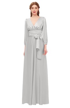 ColsBM Martha Silver Gray Bridesmaid Dresses Floor Length Ruching Zip up V-neck Long Sleeve Glamorous