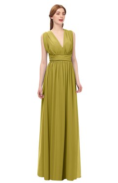 ColsBM Freya Golden Olive Bridesmaid Dresses Floor Length V-neck A-line Sleeveless Sexy Zip up