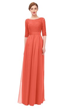 ColsBM Lola Living Coral Bridesmaid Dresses Zip up Boat A-line Half Length Sleeve Modest Lace
