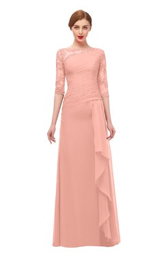 ColsBM Lorin Peach Bridesmaid Dresses Column Floor Length Zipper Elbow Length Sleeve Lace Mature