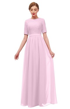 ColsBM Ansley Baby Pink Bridesmaid Dresses Modest Lace Jewel A-line Elbow Length Sleeve Zip up