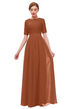 ColsBM Ansley Bombay Brown Bridesmaid Dresses Modest Lace Jewel A-line Elbow Length Sleeve Zip up