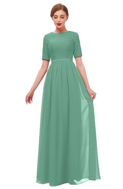 ColsBM Ansley Bristol Blue Bridesmaid Dresses Modest Lace Jewel A-line Elbow Length Sleeve Zip up