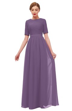 ColsBM Ansley Chinese Violet Bridesmaid Dresses Modest Lace Jewel A-line Elbow Length Sleeve Zip up