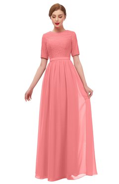 ColsBM Ansley Coral Bridesmaid Dresses Modest Lace Jewel A-line Elbow Length Sleeve Zip up