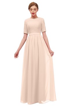 ColsBM Ansley Fresh Salmon Bridesmaid Dresses Modest Lace Jewel A-line Elbow Length Sleeve Zip up