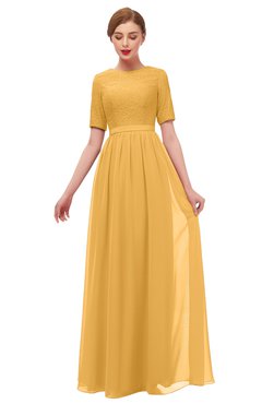 ColsBM Ansley Golden Cream Bridesmaid Dresses Modest Lace Jewel A-line Elbow Length Sleeve Zip up