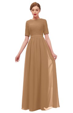 ColsBM Ansley Light Brown Bridesmaid Dresses Modest Lace Jewel A-line Elbow Length Sleeve Zip up