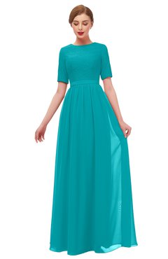 ColsBM Ansley Peacock Blue Bridesmaid Dresses Modest Lace Jewel A-line Elbow Length Sleeve Zip up