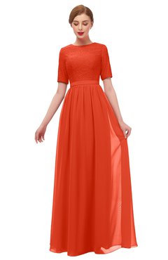 ColsBM Ansley Persimmon Bridesmaid Dresses Modest Lace Jewel A-line Elbow Length Sleeve Zip up