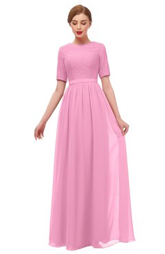 ColsBM Ansley Pink Bridesmaid Dresses Modest Lace Jewel A-line Elbow Length Sleeve Zip up