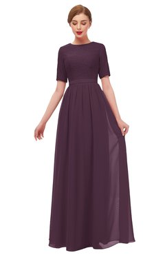 ColsBM Ansley Plum Bridesmaid Dresses Modest Lace Jewel A-line Elbow Length Sleeve Zip up