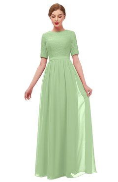 ColsBM Ansley Sage Green Bridesmaid Dresses Modest Lace Jewel A-line Elbow Length Sleeve Zip up