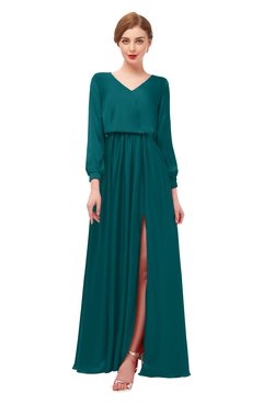 ColsBM Carey Blue Green Bridesmaid Dresses Long Sleeve A-line Glamorous Split-Front Floor Length V-neck