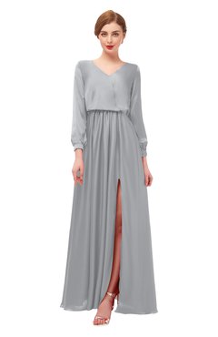 ColsBM Carey Cloud Gray Bridesmaid Dresses Long Sleeve A-line Glamorous Split-Front Floor Length V-neck