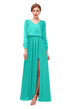 ColsBM Carey Spectra Green Bridesmaid Dresses Long Sleeve A-line Glamorous Split-Front Floor Length V-neck