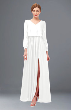 ColsBM Carey White Bridesmaid Dresses Long Sleeve A-line Glamorous Split-Front Floor Length V-neck