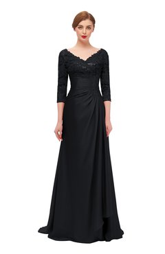 ColsBM Tatum Black Bridesmaid Dresses Luxury Zipper Three-fourths Length Sleeve Brush Train Lace V-neck