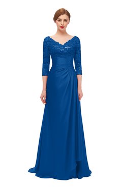 ColsBM Tatum Royal Blue Bridesmaid Dresses Luxury Zipper Three-fourths Length Sleeve Brush Train Lace V-neck