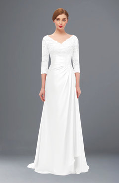 ColsBM Tatum White Bridesmaid Dresses Luxury Zipper Three-fourths Length Sleeve Brush Train Lace V-neck