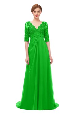 ColsBM Harper Classic Green Bridesmaid Dresses Half Backless Elbow Length Sleeve Mature Sweep Train A-line V-neck