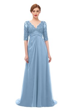 ColsBM Harper Dusty Blue Bridesmaid Dresses Half Backless Elbow Length Sleeve Mature Sweep Train A-line V-neck