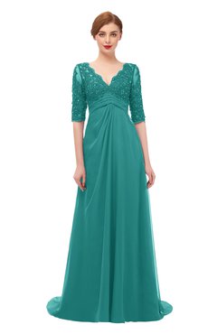 ColsBM Harper Emerald Green Bridesmaid Dresses Half Backless Elbow Length Sleeve Mature Sweep Train A-line V-neck