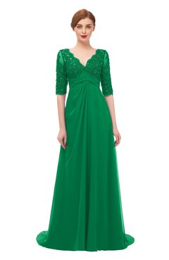 ColsBM Harper Green Bridesmaid Dresses Half Backless Elbow Length Sleeve Mature Sweep Train A-line V-neck