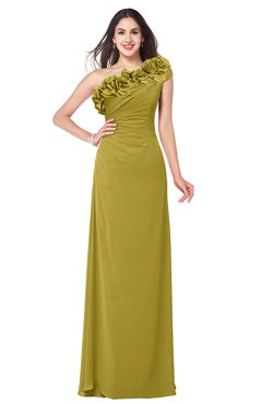 ColsBM Jazlyn Golden Olive Bridesmaid Dresses Elegant Floor Length Half Backless Asymmetric Neckline Sleeveless Flower