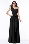 ColsBM Emmeline Black Modern A-line Half Backless Chiffon Floor Length Ruching Plus Size Bridesmaid Dresses