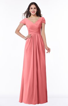 ColsBM Evie Coral Glamorous A-line Short Sleeve Floor Length Ruching Plus Size Bridesmaid Dresses