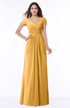 ColsBM Evie Golden Cream Glamorous A-line Short Sleeve Floor Length Ruching Plus Size Bridesmaid Dresses