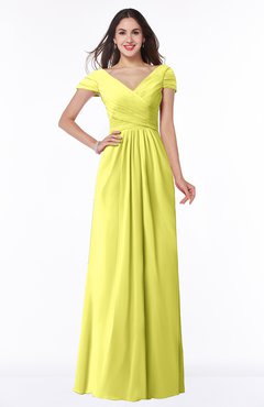 ColsBM Evie Pale Yellow Glamorous A-line Short Sleeve Floor Length Ruching Plus Size Bridesmaid Dresses
