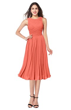 ColsBM Wynter Fusion Coral Traditional A-line Jewel Sleeveless Tea Length Pleated Plus Size Bridesmaid Dresses