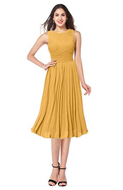 ColsBM Wynter Golden Cream Traditional A-line Jewel Sleeveless Tea Length Pleated Plus Size Bridesmaid Dresses