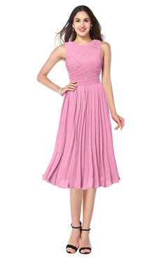 ColsBM Wynter Pink Traditional A-line Jewel Sleeveless Tea Length Pleated Plus Size Bridesmaid Dresses