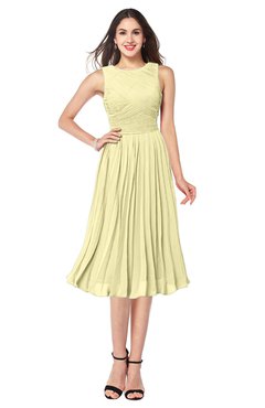ColsBM Wynter Soft Yellow Traditional A-line Jewel Sleeveless Tea Length Pleated Plus Size Bridesmaid Dresses