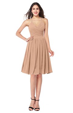 ColsBM Maleah Almost Apricot Modern A-line Halter Half Backless Knee Length Ruching Plus Size Bridesmaid Dresses