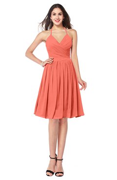 ColsBM Maleah Fusion Coral Modern A-line Halter Half Backless Knee Length Ruching Plus Size Bridesmaid Dresses