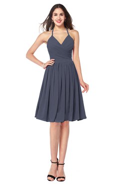 ColsBM Maleah Nightshadow Blue Modern A-line Halter Half Backless Knee Length Ruching Plus Size Bridesmaid Dresses