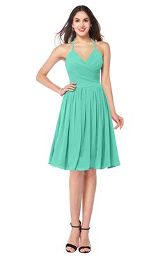 ColsBM Maleah Seafoam Green Modern A-line Halter Half Backless Knee Length Ruching Plus Size Bridesmaid Dresses