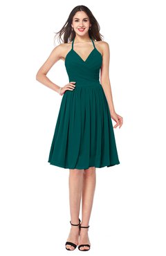 ColsBM Maleah Shaded Spruce Modern A-line Halter Half Backless Knee Length Ruching Plus Size Bridesmaid Dresses