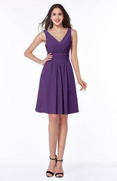 ColsBM Celia Dark Purple Plain Sleeveless Half Backless Chiffon Knee Length Ruching Plus Size Bridesmaid Dresses
