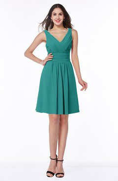 ColsBM Celia Emerald Green Plain Sleeveless Half Backless Chiffon Knee Length Ruching Plus Size Bridesmaid Dresses